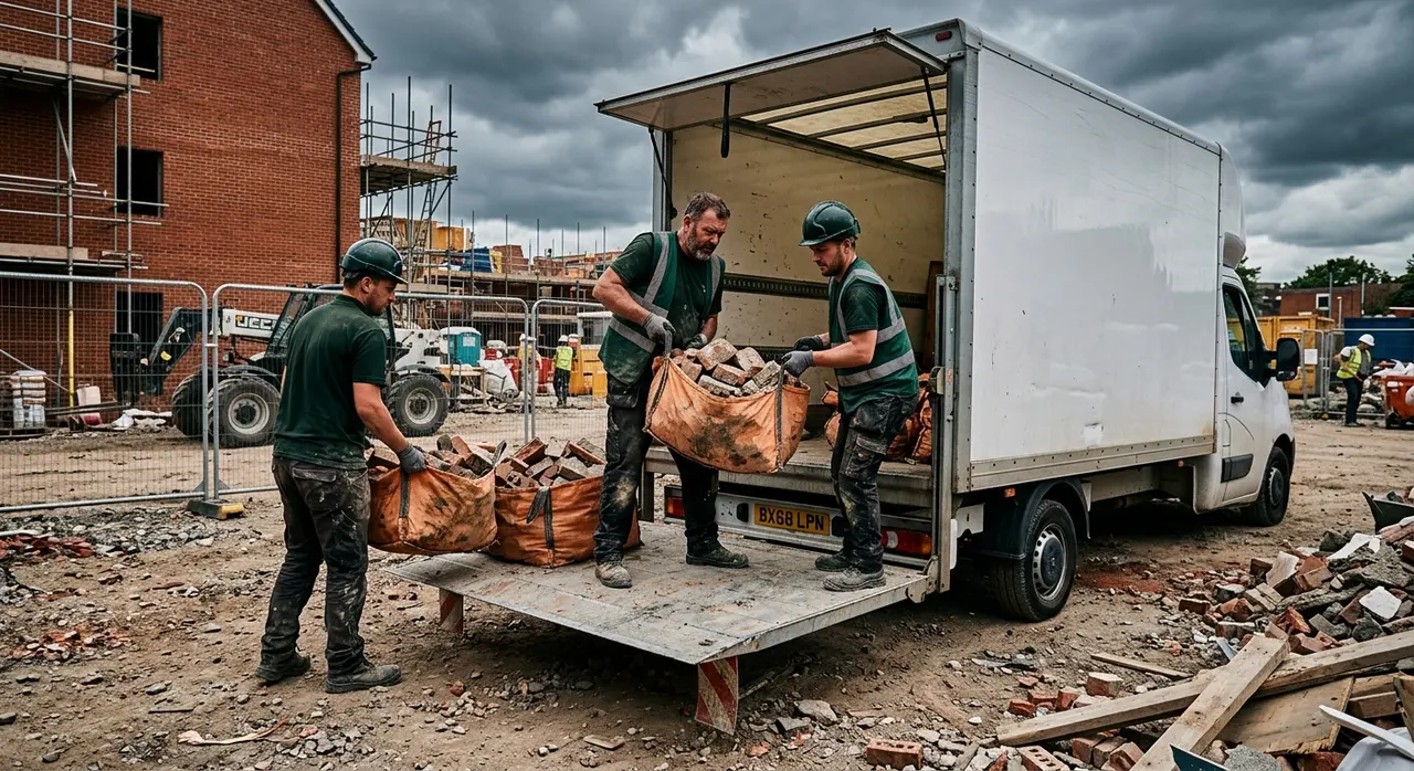 Vehicall Transport crew loading rubble, plasterboard and construction waste onto a tipper van