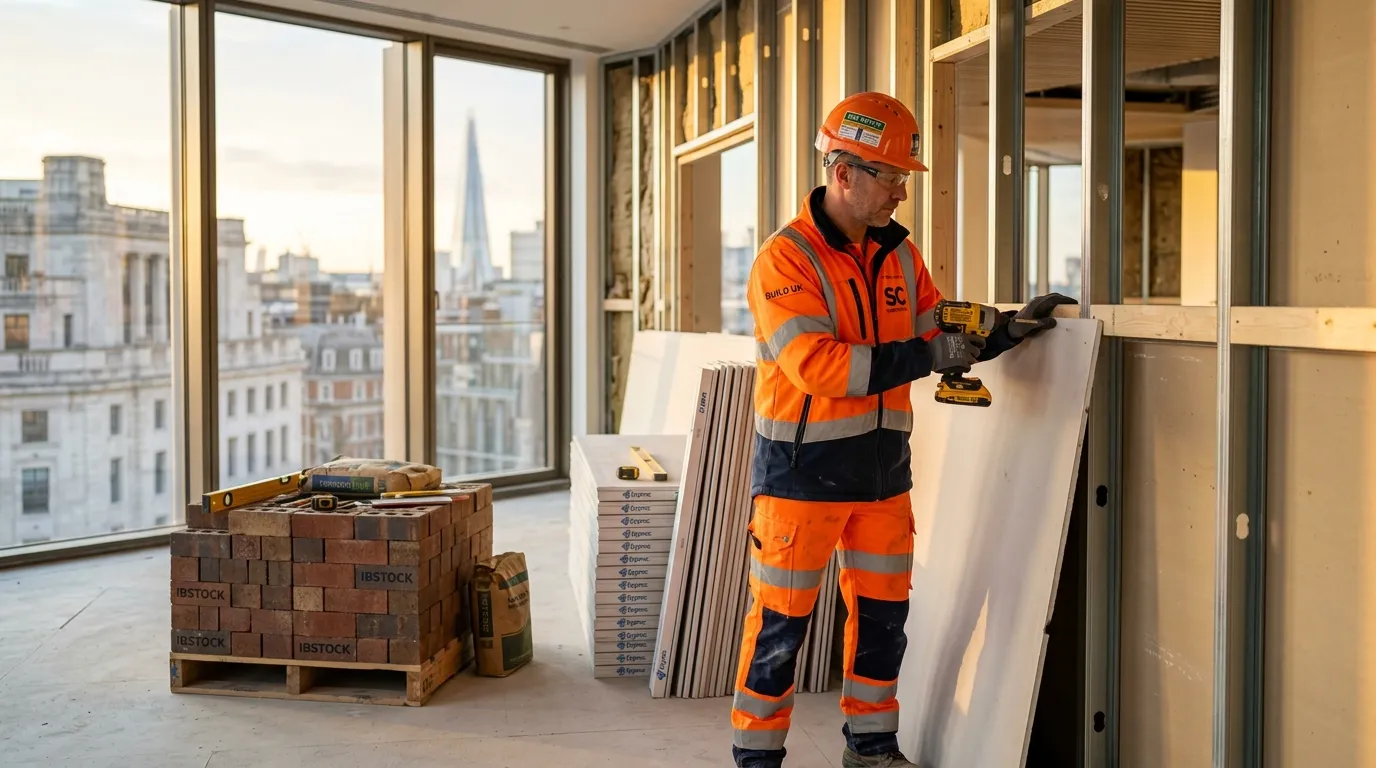 Hi-vis operative on a central London build site with the Shard on the skyline — Vehicall clears offcuts and packaging same day