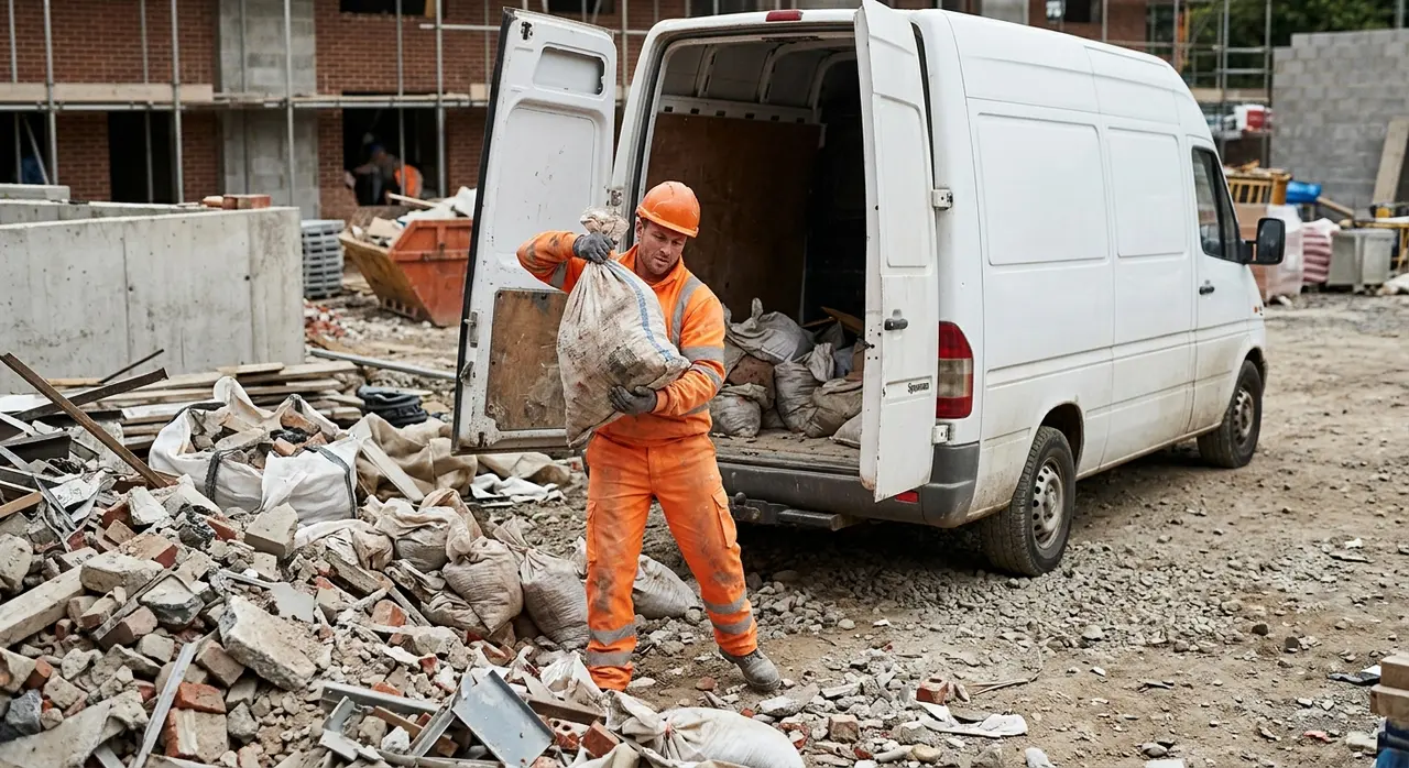 Builders' waste pile being cleared from a renovation site by a Vehicall waste-carrier team