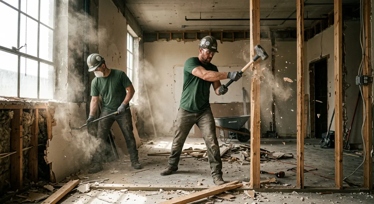 Vehicall Transport soft-strip demolition crew removing fixtures and fittings from a commercial unit