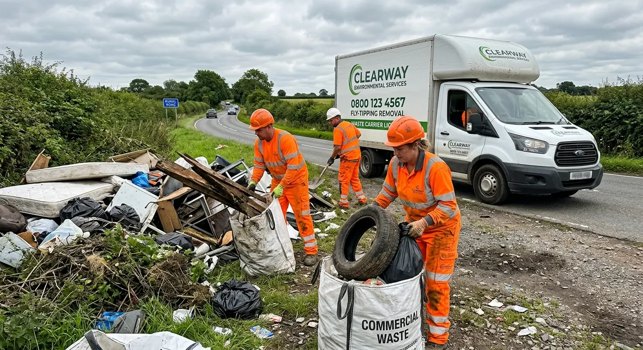Vehicall Transport crew removing fly-tipped waste from a London street with a Luton van