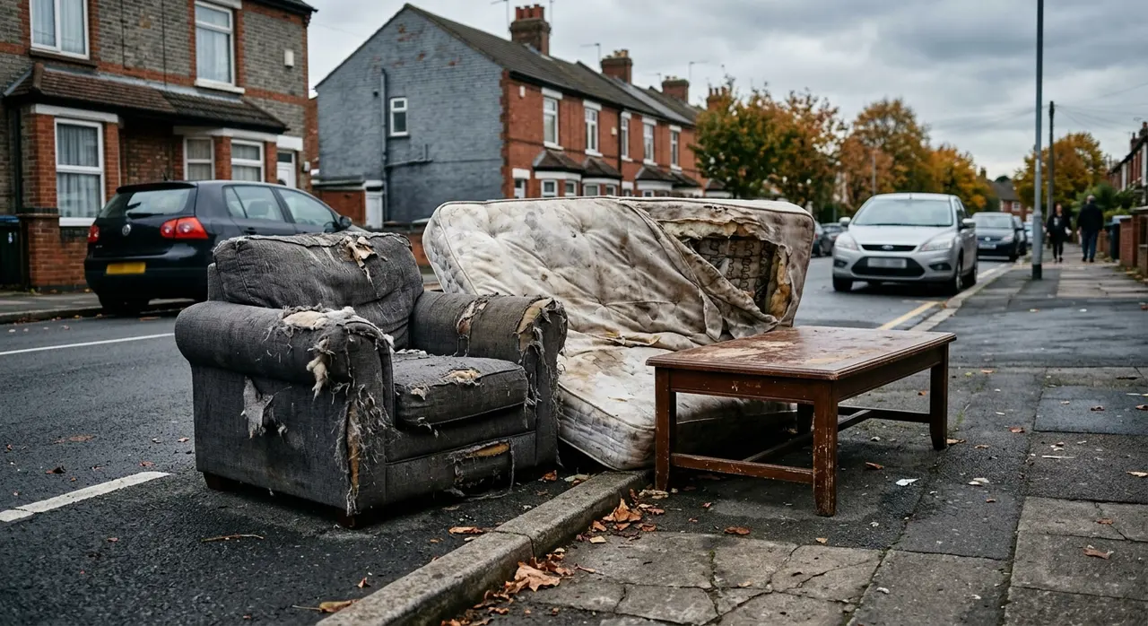 Vehicall Transport two-person team carrying a sofa out of a London flat for licensed disposal