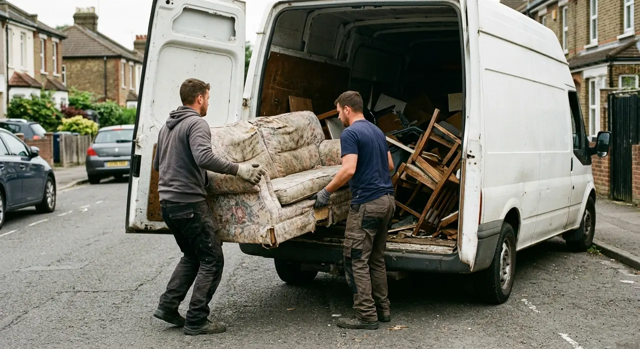Old mattresses, wardrobes and armchairs loaded onto a Vehicall van for eco-friendly furniture disposal