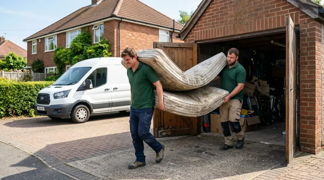 Two Vehicall Transport clearance operatives carrying old mattresses out of a garage to a waiting van during a UK garage clearance