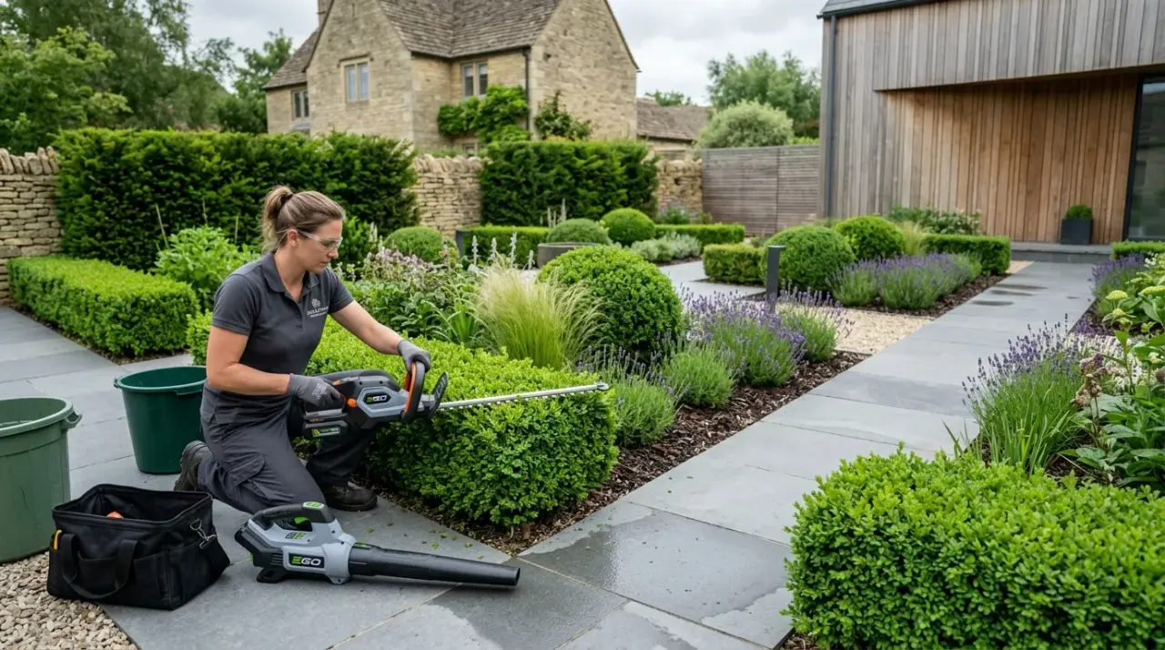 Vehicall gardener trimming boxwood hedges in a Home Counties garden before green-waste collection