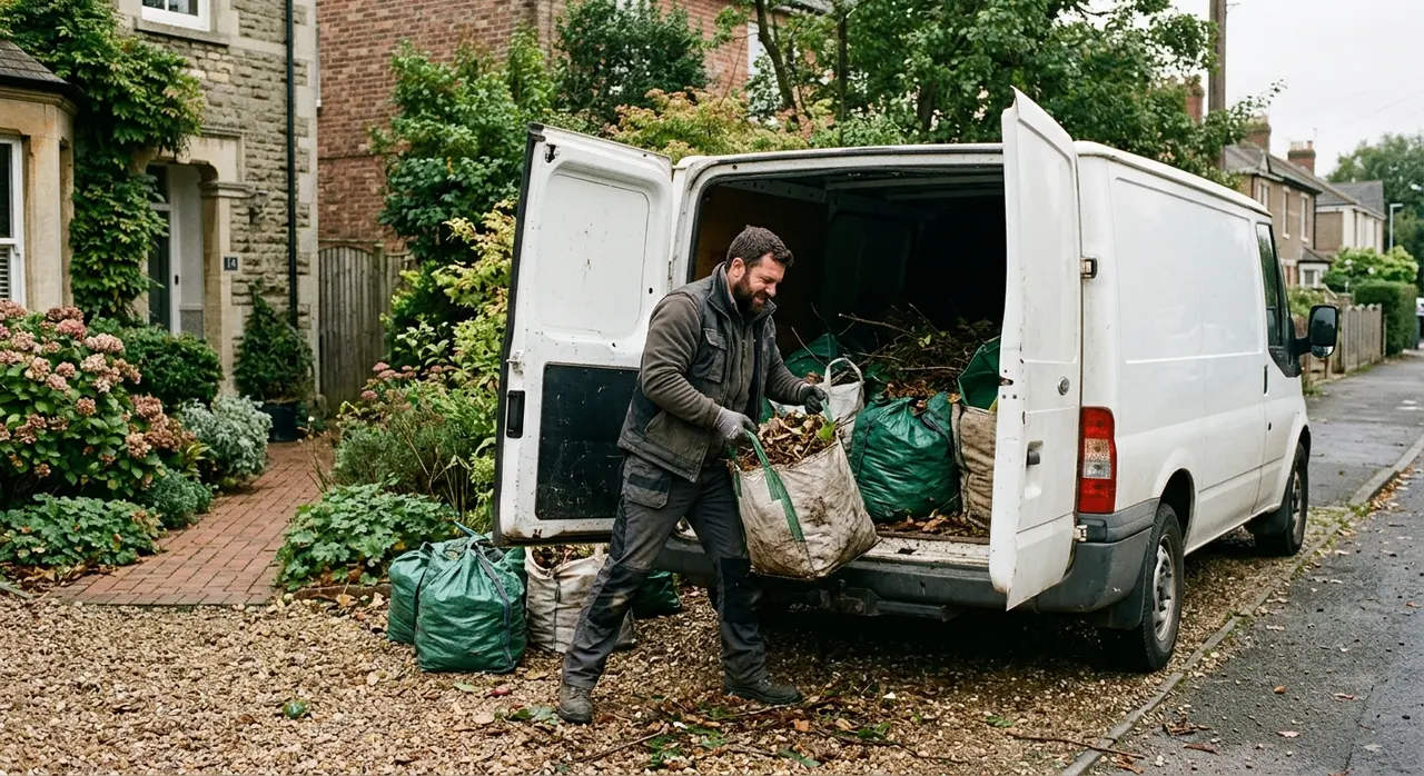 Vehicall Transport crew loading garden waste, hedge cuttings and branches into a tipper van in a London back garden