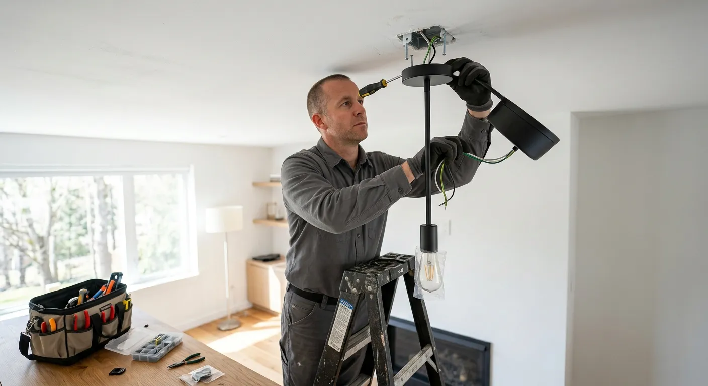 Vehicall handyman installing a modern pendant light fixture in a London living room