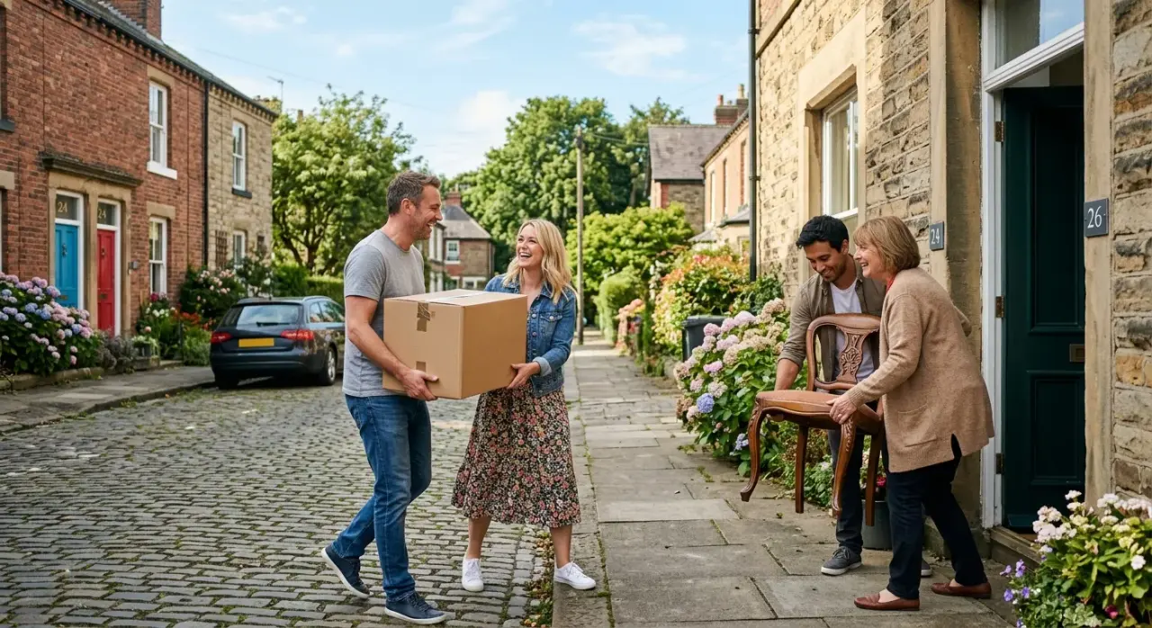 Vehicall Transport crew handing boxes and antique furniture to a family outside a period townhouse on a cobbled street — house removal in the Home Counties