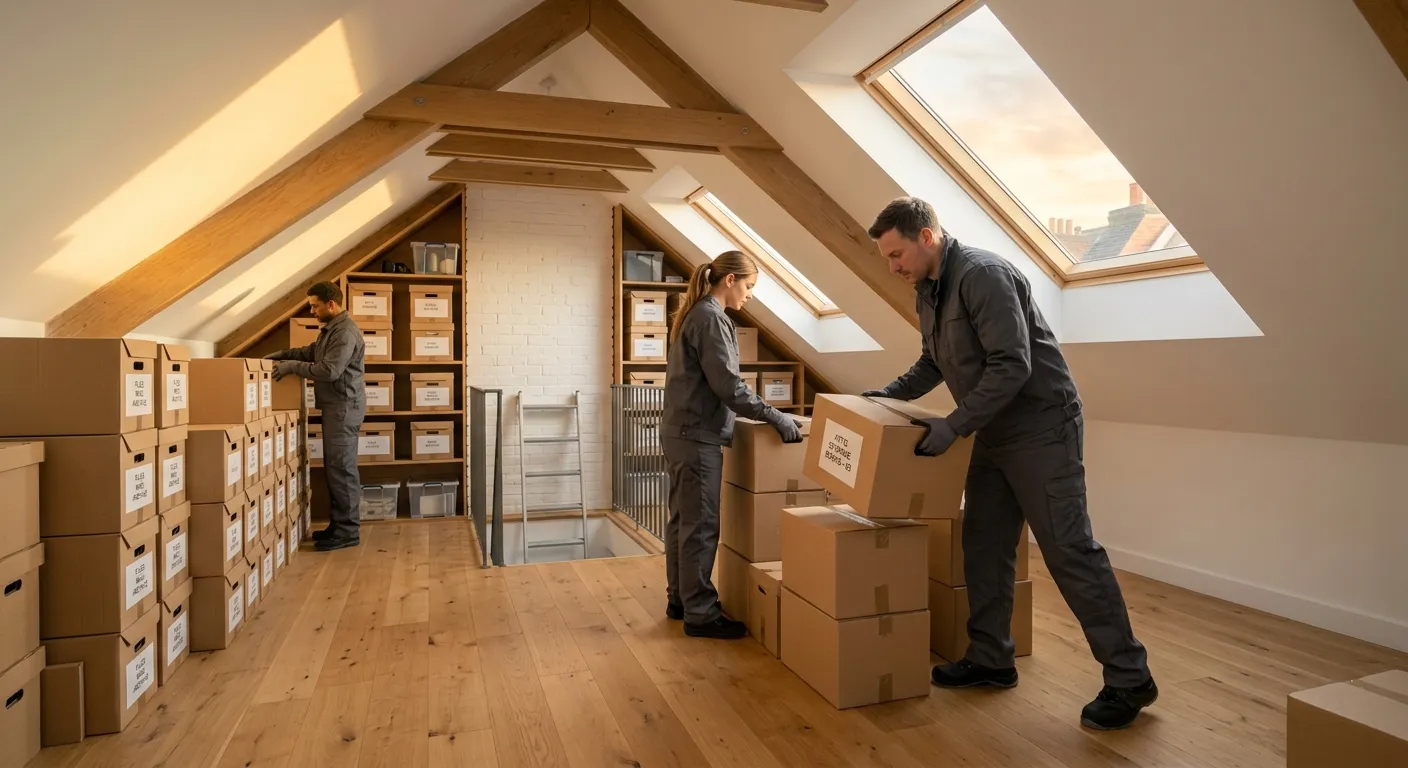 Vehicall Transport loft clearance crew boxing and stacking stored items in a beamed London attic conversion with Velux windows