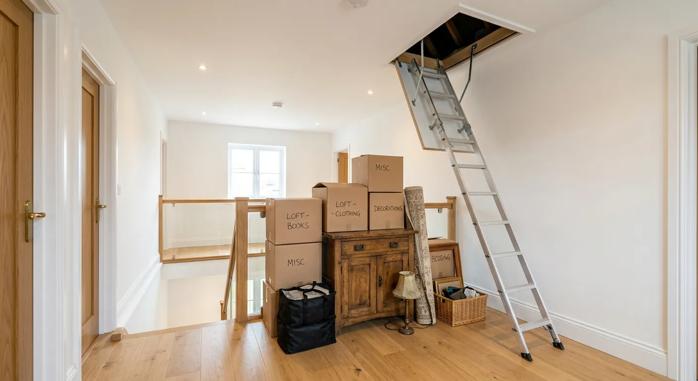 Loft hatch open with drop-down ladder and labelled boxes of books, clothing and decorations brought down ready for Vehicall loft clearance collection