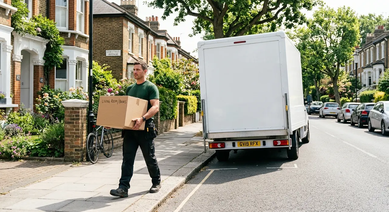 Vehicall Transport man-and-van team loading household boxes into a Luton van in London