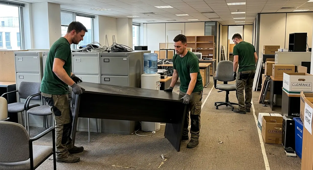 Redundant office chairs, monitors and filing cabinets ready for WEEE recycling