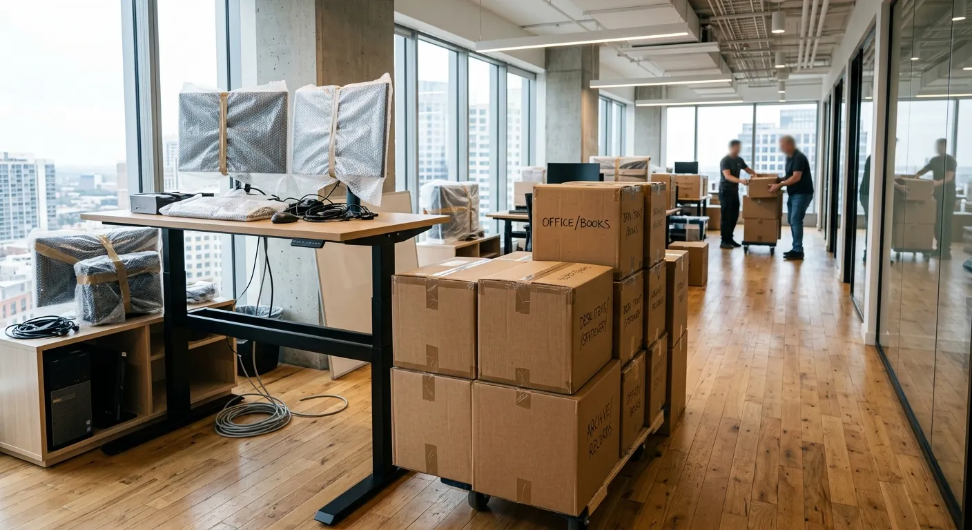 Vehicall Transport business move in a central London high-rise — wrapped monitors, labelled 'Office / Books' crates and uniformed porters relocating desks