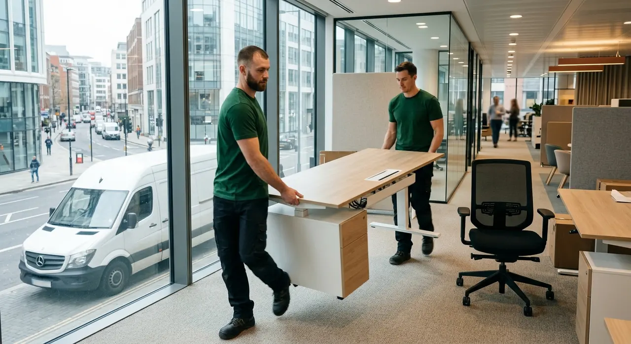 Vehicall Transport office removals crew relocating desks and IT equipment overnight