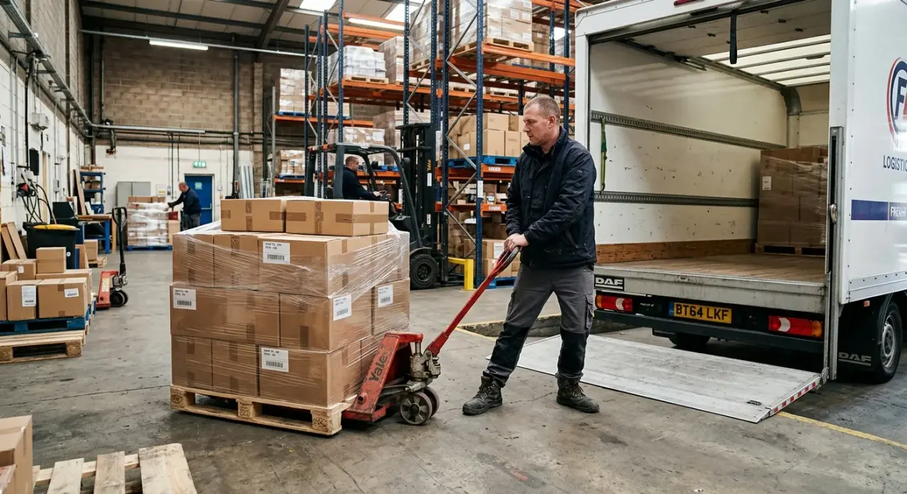 Warehouse operative moving a shrink-wrapped pallet of boxes with a pump truck onto a tail-lift box lorry for Vehicall Transport next-day UK pallet delivery