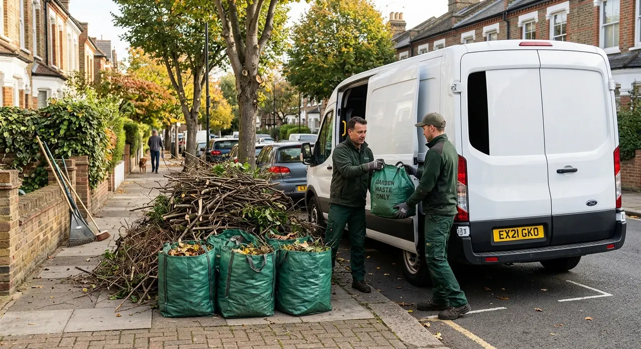 Bagged grass clippings, soil and green waste ready for licensed composting after Vehicall garden clearance