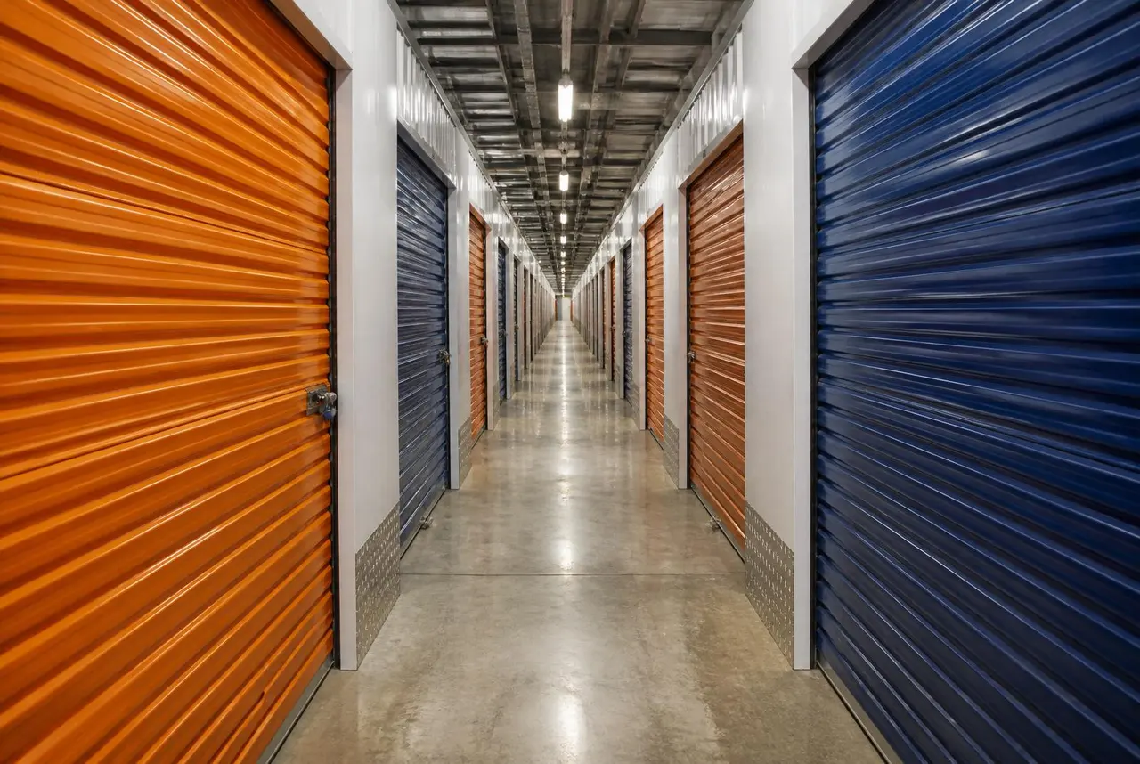 Interior corridor of a modern self-storage facility — Vehicall arranges secure commercial storage as part of every business relocation