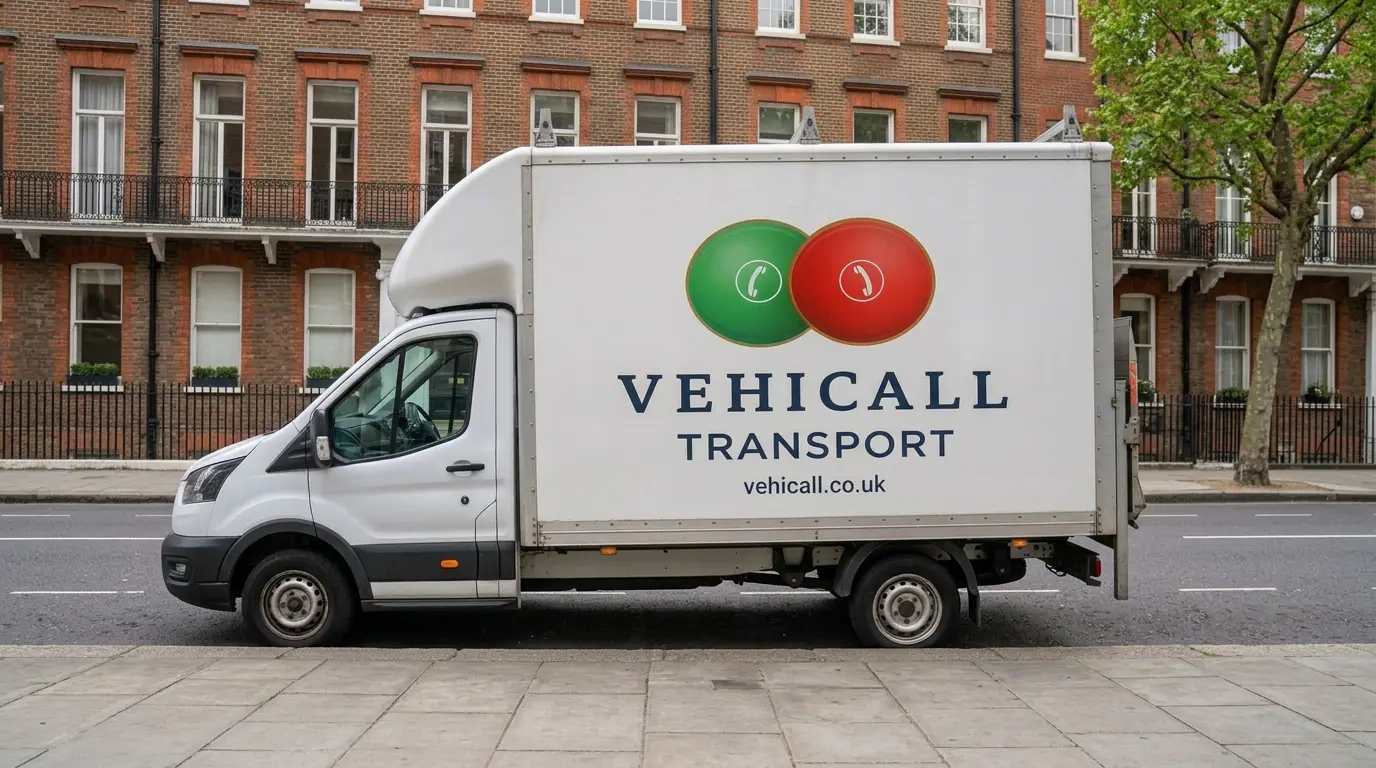 Vehicall Transport Luton van parked on a leafy central London street in daytime with a red London bus and black cab in the background