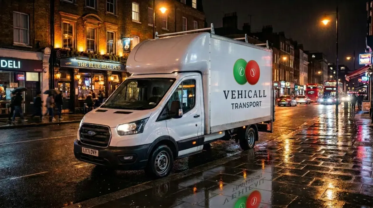 Vehicall Transport branded Luton van on a rainy London night street, replacing the original Nightflyer side panel with Vehicall branding
